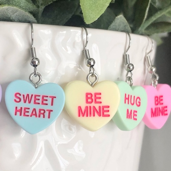 New Conversation Hearts Dangle Drop Earrings Fun Party Gift Mismatched Love Word - Picture 2 of 7